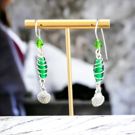 Wire Wrapped Green Barrel Beads With Silver Seashell Drop Earrings